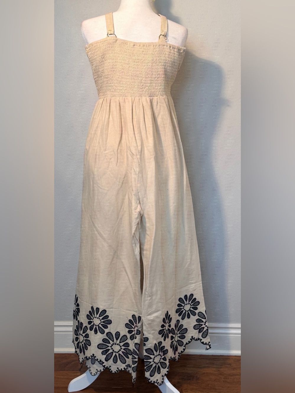 NAOO NWT Cream Black Floral Embroidered Cotton Wide Leg Jumpsuit Large - Picture 4 of 9
